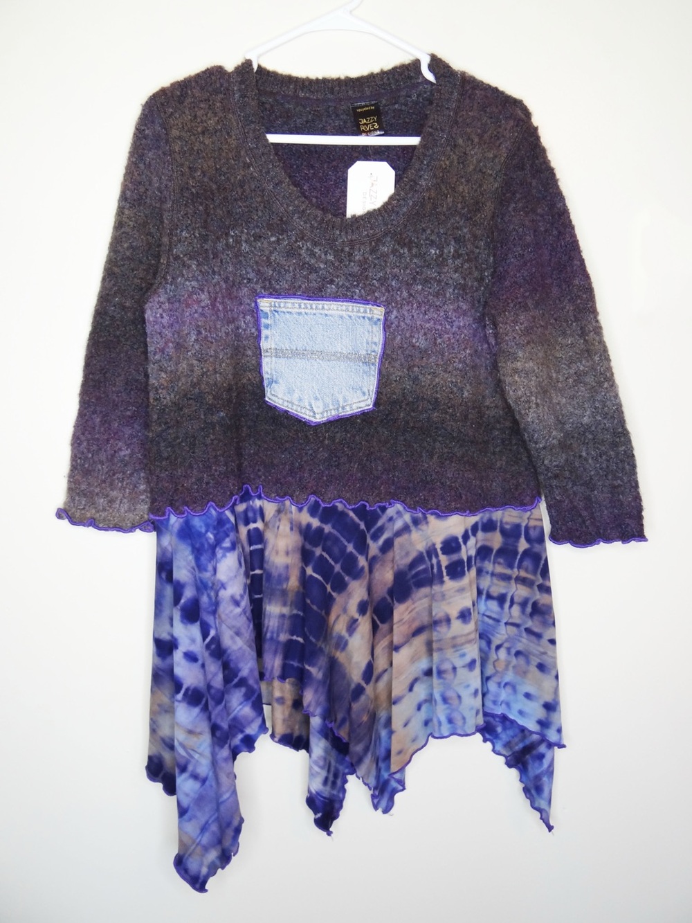 NWT Upcycled by Jazzy River Designs Sweater Asymmetric Hem Sweater Size XL